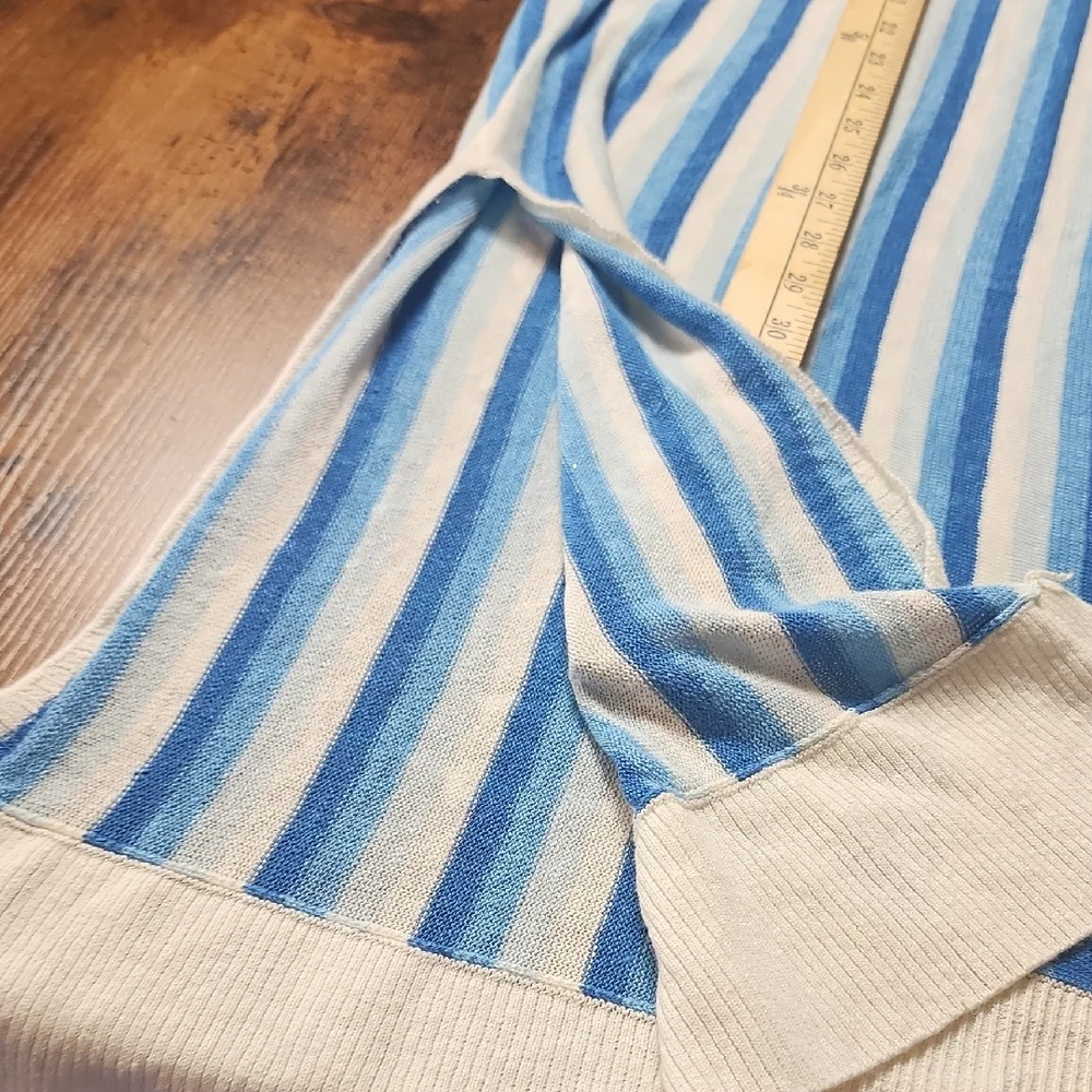 ZARA | Linen Knit Striped V-Neck Tunic Dress Swim Cover Up Blue Cream Beach | M